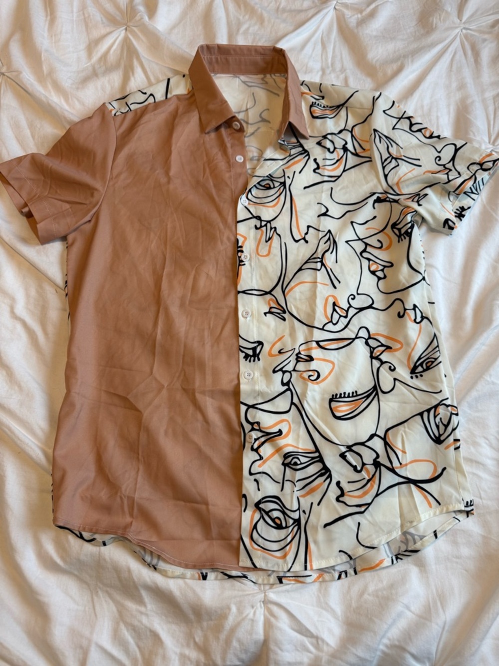 Two-Tone Rust & Cream Abstract Face Print Short Sleeve Shirt